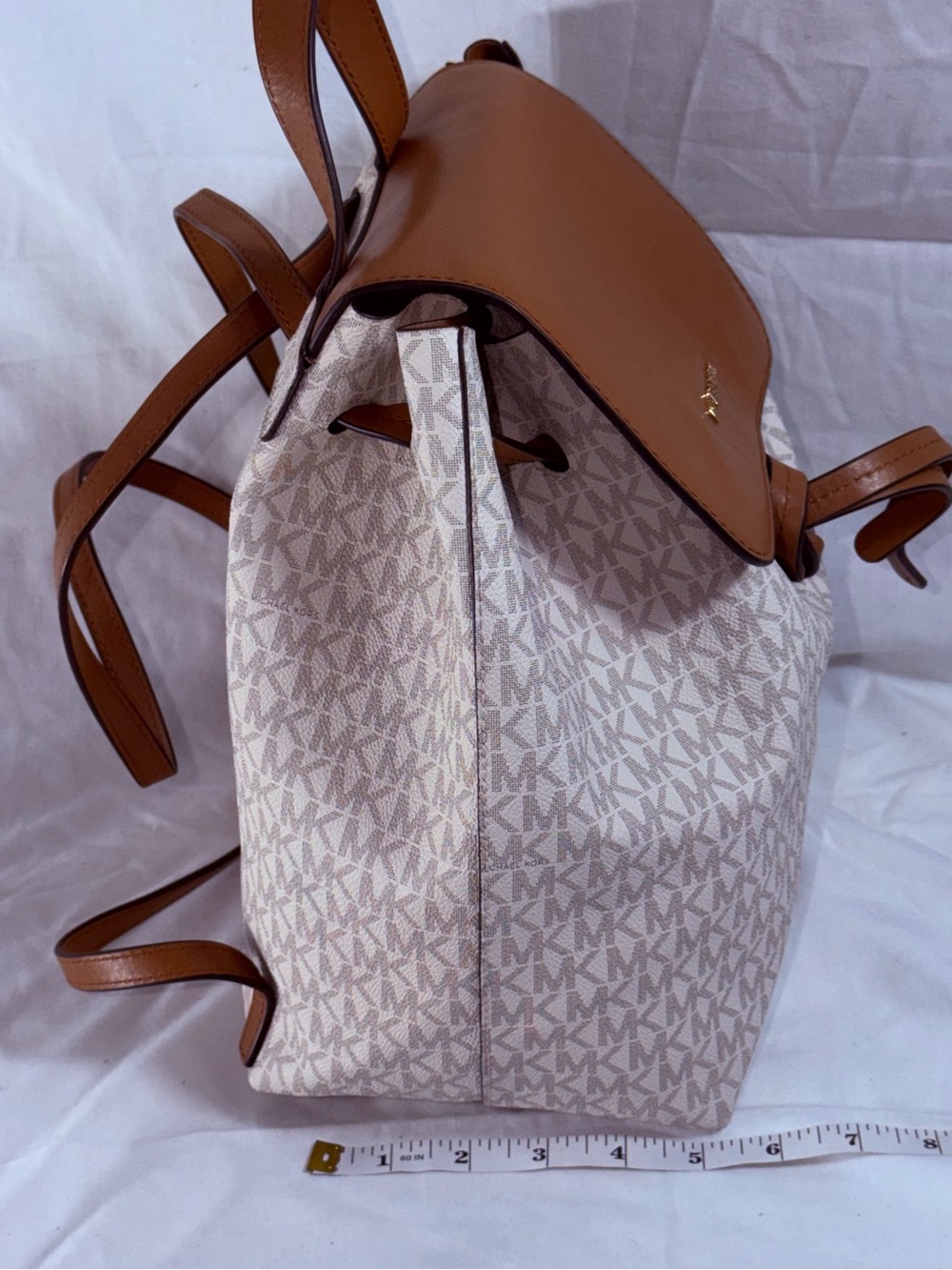 Michael Kors Junie Medium Monogram Backpack Cream Vanilla Brown Leather Flap Bag - Picture 7 of 12